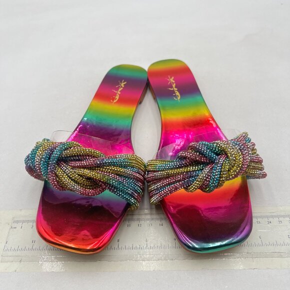 XYD Rainbow Multi Glitter Shiny Rhinestone Straps Slide Sandals Open Toe Flat - Picture 3 of 8